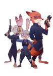 anthro clothed clothing electroshock_weapon female fur group gun handgun hyong311 male pistol ranged_weapon silencer taser weapon disney zootopia jack_savage judy_hopps nick_wilde canid canine european_rabbit fox lagomorph leporid mammal oryctolagus rabbit red_fox true_fox 2016 hi_res