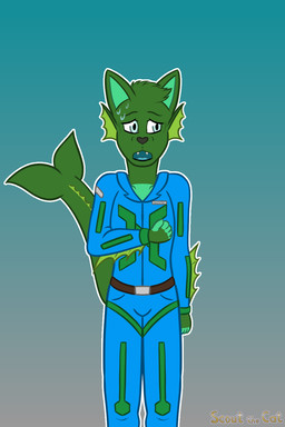 anthro belt blue_clothing blue_eyes blue_mouth bodily_fluids clothing frill_(anatomy) green_body green_clothing jumpsuit male name_tag pale_eyes scared slim solo sweat sweatdrop scoutthecat02 damian_apostolico aquatic canid canine canis domestic_dog husky hybrid mammal nordic_sled_dog spitz 2:3 hi_res