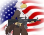 american_flag anthro ar-15 assault_rifle beak biped breasts brown_body brown_feathers canton clothing dog_tags feathers female flag flag_background genitals gloves gun handwear holding_gun holding_object holding_ranged_weapon holding_rifle holding_weapon m4 nipples non-mammal_breasts non-mammal_nipples nude pussy ranged_weapon rifle side_view simple_background solo standing tail united_states_of_america weapon white_body white_feathers spotty_the_cheetah jane_(spotty_the_cheetah) accipitrid accipitriform avian bald_eagle bird eagle sea_eagle 2011 signature