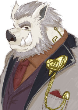 accessory anthro clock clothed clothing handkerchief kerchief looking_at_viewer male necktie pocketwatch side_view solo suit watch satopu_v2 lifewonders tokyo_afterschool_summoners y'golonac_(tas) mammal suid suine sus_(pig) wild_boar half-length_portrait hi_res portrait
