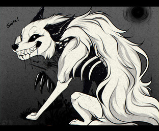 ambiguous_fluids black_fluid black_hair black_inner_ear black_nose black_sclera bone cheek_tuft collar facial_tuft feral fluffy fur hair heppy looking_at_viewer looking_pleasured male open_mouth open_smile simple_background smile solo spiked_collar spikes teeth tuft white_body white_fur shyryp ktyr_(shyryp) canid canine canis mammal wolf absurd_res digital_media_(artwork) hi_res monochrome