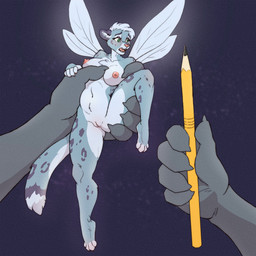 4_toes anthro areola breasts duo extreme_size_difference feet female fingers first_person_view fur genitals hair holding_another holding_object holding_pencil holding_writing_utensil imminent_gore imminent_pain insect_wings markings nipples nude open_mouth pencil_(object) simple_background size_difference spots spread_legs spreading tail teeth toes vulva wings worried worried_face worried_look writing_utensil uncannystuff fairy felid mammal pantherine snow_leopard digital_media_(artwork) hi_res