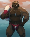 alternate_universe anthro barazoku beard brown_body brown_eyebrows brown_fur brown_hair brown_nipples brown_nose bulge cloud eyebrows facial_hair fist fur gloves_(marking) green_eyes grumpy hair hand_on_hip hand_on_own_hip holding_object life_preserver lifeguard lifeguard_swimsuit looking_at_viewer male markings mostly_nude mostly_nude_anthro mostly_nude_male musclegut muscular muscular_anthro muscular_male mutton_chops nipples simple_background snaggle_tooth solo swimwear_only tan_body tan_fur tan_inner_ear thick_eyebrows water whistle_(object) horrorbuns deadlaws gnollplaying_games lynn_grayson_(deadlaws) gulonine mammal mustelid musteline wolverine hi_res