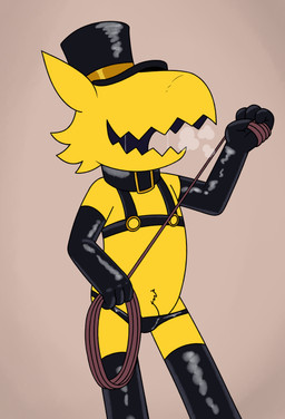 anthro bodily_fluids boots breath clothing collar drooling eyeless footwear genitals gloves handwear harness hat headgear headwear latex latex_boots latex_clothing latex_footwear latex_gloves latex_handwear latex_underwear male open_mouth penis penis_base pubes rope saliva shoes solo underwear aaron_amethyst a_hat_in_time the_conductor_(ahit) absurd_res hi_res