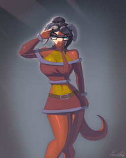 anthro blue_eyes breasts christmas_clothing cleavage clothed clothing countershading eyewear female glasses hair holidays midriff red_body simple_background solo tail yellow_body yellow_countershading conditional_dnp paradoxing christmas mythology minerva_(paradoxing) dragon mythological_creature mythological_scalie scalie 2025 4:5 digital_media_(artwork) digital_painting_(artwork) hi_res painting_(artwork)