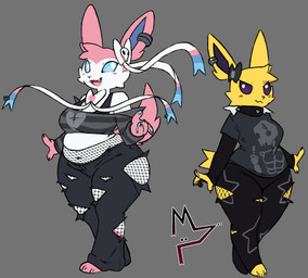 alternative_fashion anthro barefoot blue_body blue_eyes blue_fur blush blush_lines bottomwear bow_(anatomy) bow_ribbon bra_strap breasts cheek_tuft clothing collar duo ear_piercing eyelashes facial_tuft fangs feet female female_anthro fishnet_clothing fishnet_leggings fishnet_legwear fur gloves_(marking) goth handpaw head_tuft leg_markings leggings legwear markings medium_breasts multicolored_body multicolored_fur navel open_mouth open_smile pants pattern_clothing paws piercing pink_body pink_fur pokemorph print_clothing print_shirt print_topwear purple_eyes ribbons_(anatomy) shirt slightly_chubby slightly_chubby_anthro slightly_chubby_female smile socks_(marking) striped_clothing stripes tail teeth thick_thighs topwear torn_bottomwear torn_clothing torn_pants tuft white_body white_fur wide_hips yellow_body yellow_fur donedoggo nintendo pokemon mae_(tunasnacks) eeveelution generation_1_pokemon generation_6_pokemon jolteon pokemon_(species) sylveon 2026 absurd_res digital_drawing_(artwork) digital_media_(artwork) full-length_portrait hi_res portrait