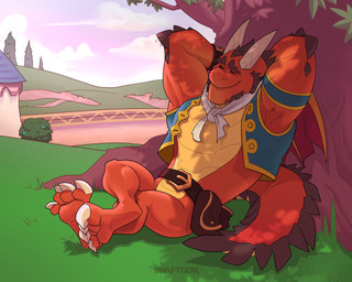 anthro ascot belt belt_pouch claws clothing eyes_closed horn lying male multicolored_body muscular muscular_anthro muscular_male orange_body outside plant raised_arms scales sleeping solo topwear tree two_tone_body ventral_scales vest wings draftgon activision mythology spyro_reignited_trilogy spyro_the_dragon delbin_(spyro) rescued_dragons_(spyro) dragon mythological_creature mythological_scalie scalie 5:4 hi_res