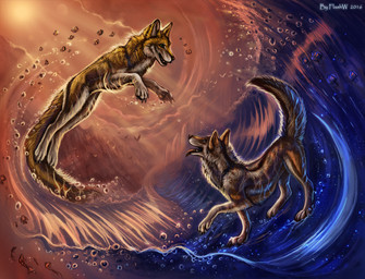 4_fingers 4_toes abstract_art ambiguous_gender black_claws black_lips black_nose black_pawpads blue_eyes brown_body brown_fur butt claws day detailed_background digitigrade duo_focus eye_contact fangs feathered_wings feathers feet feral fingers flying fur green_eyes grey_body grey_fur group hindpaw inner_ear_fluff jumping leg_markings light lips long_mouth looking_at_another looking_up markings no_sclera open_mouth orange_body orange_wings outside pawpads paws pink_tongue raised_paw raised_tail side_view sky snout socks_(marking) standing striped_body stripes sun sunlight swimming tail teeth text toes tongue tongue_out tuft walking water water_drop wave whiskers white_body white_fur wings yellow_body yellow_fur flashw aquatic avian canid canine canis fish mammal wolf 2016 detailed digital_media_(artwork) digital_painting_(artwork) english_text hi_res painting_(artwork)