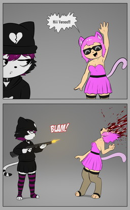 4_fingers absolute_territory alternative_fashion annoyed anthro barefoot betrayal blood bodily_fluids bottomwear brain_damage brain_matter breasts broken_heart choker clothed clothing cruelty death dialogue dress duo emo eye_bags fatal fatal_wound feet female female_death fingers gore grey_background gun hair heart_symbol highlights_(coloring) hoodie inner_ear_fluff jewelry killing leggings legwear looking_aside medium_breasts murderer natural_breasts necklace no_bra onomatopoeia pink_clothing pink_dress pink_hair pointy_ears prick_ears ranged_weapon shooting shooting_gun shot_in_head shotgun simple_background skirt sound_effects text toeless_legwear topwear tuft violence weapon e254e the_light-looker_society light-neko veronica_(e254e) felid mammal absurd_res comic hi_res
