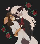 anthro bride brown_body brown_fur brown_hair clothed clothing dress duo female flower fur hair male male/female plant rose_(flower) smile bloowolfy deer hyena mammal striped_hyena 2024 hi_res