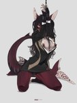 anthro black_sclera bodily_fluids bottomwear bound breasts button_(fastener) chain chained clothed clothing clothing_aside cuff_(restraint) curvy_figure dark_hair ear_piercing erect_nipples exposed_breasts female fin fin_piercing furgonomics furry-specific_piercing genital_fluids genitals grey_clothing hair hair_between_breasts hands_above_head highlights_(coloring) hourglass_figure inner_thigh kneeling leg_muscles looking_at_viewer markings messy_hair narrowed_eyes nipple_piercing nipples no_underwear non-mammal_breasts non-mammal_ears non-mammal_hair non-mammal_nipples office_clothing one_eye_obstructed open_clothing open_topwear orange_eyes piercing red_body red_skin restrained restraints shirt skirt small_waist solo spread_legs spreading suit suit_jacket topwear topwear_aside upskirt vaginal_fluid_string vaginal_fluids vest vulva white_markings wide_hips wrist_cuffs hale. rose_(kamikazekit) fish marine shark 3:4 hi_res