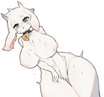 anthro big_breasts biped blue_eyes breasts cowbell female fur horizontal_pupils mostly_nude navel pupils simple_background solo white_background white_body white_fur kid094ff vanilla_(buta99) bovid caprine goat mammal hi_res