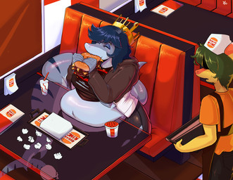 abdominal_bulge anthro belly belly_expansion beverage blonde_hair bone_frill bottomwear breasts burger clothed clothing crown dialogue expansion female fin fingers food frill_(anatomy) furniture green_body green_scales hair headgear long_hair male menu milkshake napkin napkin_holder non-mammal_breasts orange_body orange_scales overweight overweight_anthro overweight_female pants restaurant road scales shirt tail text thick_tail thick_thighs topwear torn_bottomwear torn_clothing torn_pants torn_shirt torn_topwear weight_gain cdepraxis burger_king fan_character valerie_(mellowcapsaicin) dinosaur fish hadrosaurid marine ornithischian ornithopod parasaurolophus prehistoric_species reptile scalie shark absurd_res colored digital_media_(artwork) hi_res meme