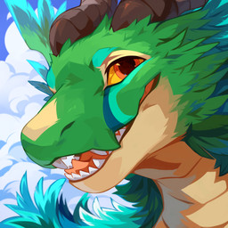 ambiguous_gender anthro brown_horn fangs fur green_body green_fur horn looking_at_viewer open_mouth open_smile orange_body red_eyes smile solo teeth yellow_sclera corzh77 mythology dragon mythological_creature mythological_scalie scalie 1:1 hi_res