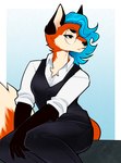 anthro barbell_piercing blouse blue_hair chest_tuft clothing collared_shirt dress_shirt eyebrow_piercing eyewear facial_piercing female glasses hair lip_piercing piercing rolled_up_sleeves shirt sitting snakebite_piercing solo topwear tuft vest cozygh0st erin_(quakeroc) canid canine fox mammal red_fox true_fox hi_res trans_(lore) trans_woman_(lore)