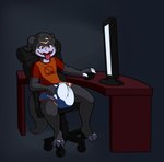 2018 3_toes 4_fingers anthro bandai_namco black_body black_skin bulge chair claws clothing darkmon_(ryodramon) desk diaper digimon digimon_(species) erection erection_in_diaper fangs feet fingers furniture hi_res looking_pleasured male mammal masturbation mouse murid murine myoti office_chair open_mouth red_eyes rodent screen shirt sitting solo table teeth toes tongue tongue_out topwear touching_diaper veemon