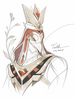 anthro beak clothing egyptian egyptian_clothing egyptian_headdress feathers gem green_eyes headgear headwear male plant pupils red_clothing red_headwear slit_pupils text gentleman_paimon egyptian_mythology genshin_impact middle_eastern_mythology mihoyo mythology thoth_(genshin_impact) avian bird 2026 3:4 character_name english_text portrait