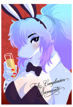 anthro big_breasts blue_body blue_eyes blue_hair blush breasts bunny_costume clothing container costume cup eyelashes fake_ears fake_rabbit_ears female freckled_face freckled_shoulders freckles glass glass_container glass_cup hair highlights_(coloring) long_eyelashes long_hair red_background simple_background solo text white_body garavakarian michell_dominguez aquatic fish shark hi_res spanish_text trans_(lore) trans_woman_(lore)