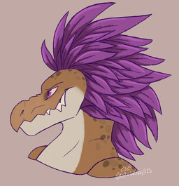 anthro feather_hair feathered_crest feathers head_crest male pseudo_hair purple_body purple_eyes purple_feathers simple_background solo tan_body spartankay515 halo_(series) microsoft xbox_game_studios nuc_meq alien kig-yar ruuhtian scalie colored headshot_portrait hi_res portrait
