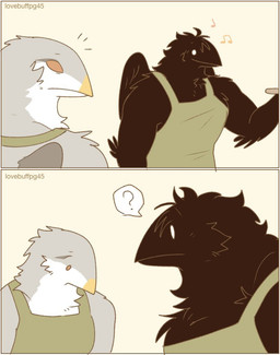 ambiguous_gender anthro apron apron_only arm_tuft bar_emanata beak biped black_body black_feathers cheek_tuft clothing duo elbow_tuft emanata facial_tuft feather_tuft feathers grey_body grey_feathers head_tuft looking_at_another looking_down mostly_nude mostly_nude_ambiguous mostly_nude_anthro muscular muscular_ambiguous muscular_anthro musical_note musical_symbol neck_tuft question_mark red_eyes shoulder_tuft simple_background simple_eyes symbol tan_background text tuft white_body white_feathers lovebuffpg45 avian 2024 artist_name comic digital_drawing_(artwork) digital_media_(artwork) male_(lore)
