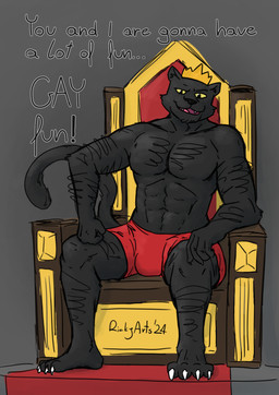abs anthro barefoot black_body black_fur bulge chair claws clothed clothing crown fangs feet fur furniture grey_background hairy_body headgear looking_at_viewer male muscular muscular_male on_chair pecs royalty simple_background sitting sitting_on_chair solo talking_to_viewer teeth text throne underwear underwear_only yellow_eyes ricky_arts danny_smoke_in_furry_land king_magnum felid humanoid mammal pantherine 2024 hi_res