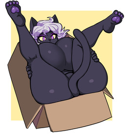anthro big_breasts black_body black_fur black_nose black_tail bodily_fluids box breasts cardboard cardboard_box container convenient_censorship eyelashes eyeshadow feet female fur hair holding_both_legs holding_both_thighs huge_breasts lying makeup nude on_back pawpads pupils purple_eyes purple_eyeshadow purple_pawpads simple_background solo sweat tail thick_thighs white_background white_hair white_pupils wide_hips yellow_background yellow_sclera pb_doodles nemo_(simplifypm) domestic_cat felid feline felis mammal 2026 digital_drawing_(artwork) digital_media_(artwork) hi_res