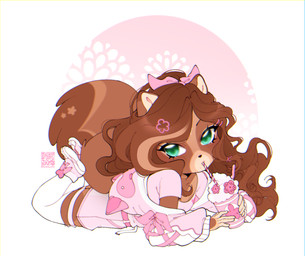 abstract_background accessory anthro beverage bow_ribbon brown_body brown_fur brown_hair clothed clothing curly_hair drinking drinking_straw female fur glistening glistening_eyes green_eyes hair hair_accessory hair_bow hair_ribbon holding_beverage holding_object legwear long_hair looking_at_viewer lying on_front pink_clothing pink_topwear ribbons side_view solo topwear white_clothing white_legwear sonyan canid canine mammal raccoon_dog tanuki hi_res