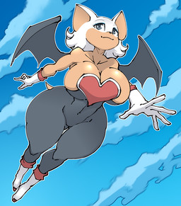 anthro athletic athletic_female big_breasts biped breasts cleavage cleavage_overflow clothed clothing female flying low-angle_view midair navel sky skyscape solo tail thick_thighs tight_clothing wide_hips wings hayakain sega sonic_the_hedgehog_(series) rouge_the_bat bat mammal 2026 digital_media_(artwork) full-length_portrait portrait