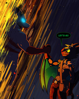 abs anthro bat_wings blue_sclera clothing determined determined_eyes duo fire gloves glowing glowing_eyes green_eyes hands_out handwear inner_monologue inner_thoughts magic magic_user male male/male membrane_(anatomy) membranous_wings muscular muscular_anthro muscular_male night outside painted_background pecs text thinking wings yellow_eyes 60percentscalie dovak vauruk bat demon lizard mammal reptile scalie 4:5 hi_res