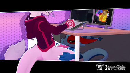 abstract_background ambiguous_gender ambiguous_penetrated anthro anthro_penetrated bedroom_eyes blue_body blue_fur breath butt clothed clothing drawing drawing_tablet duo electronics erection fellatio fur furniture genitals half-closed_eyes hand_on_leg hand_on_penis hand_on_thigh hoodie kneeling kneeling_oral_position larger_male male male/ambiguous male_penetrating male_penetrating_ambiguous narrowed_eyes nude open_mouth oral oral_penetration panting partially_clothed penetration penile penile_penetration penis penis_in_mouth red_body screen seductive sex side_view simple_background sit_and_blow_position sitting size_difference smaller_ambiguous smaller_penetrated snaggle_tooth sound_effects tail teeth text tongue topwear under_table white_body tatsubold thesecretcave ambient_among_us mythology nintendo the_legend_of_zelda king_harkinian tatsu_(tatsubold) tiesci dragon hylian kobold lizard mythological_creature mythological_scalie reptile scalie 16:9 2025 3d_(artwork) 3d_animation animated digital_media_(artwork) english_text hi_res loop shaded short_playtime sound webm widescreen