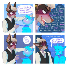 anthro bedroom_eyes blue_body blue_fur blush blush_lines bodily_fluids bridge_piercing brown_body brown_fur cheek_tuft clothing collar collared_shirt crying dialogue dress_shirt duo ellipsis facial_piercing facial_tuft fur hair half-closed_eyes humor leash leash_pull male narrowed_eyes nose_piercing nose_ring piercing ring_piercing seductive shirt smile smirk smug smug_face smug_grin speech_bubble tears text topwear tuft vest white_hair heresvix anon ych_(character) canid canine canis domestic_dog mammal comic english_text hi_res