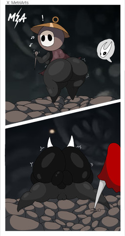 anthro balls big_balls big_butt black_body butt duo female genitals huge_butt intersex looking_back metri-arts hollow_knight_(franchise) team_cherry hornet_(hollow_knight) humanoid hi_res