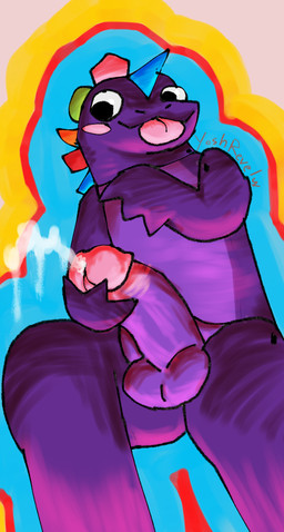 anthro balls big_balls big_penis bodily_fluids butt cum ejaculation erection genital_fluids genitals happy humanoid_genitalia humanoid_penis looking_at_viewer male male/male multicolored_body nude penile penis presenting presenting_body presenting_penis purple_body slightly_chubby small_arms solo spikes thick_thighs tongue tongue_out yoshreveluv glitch_productions the_amazing_digital_circus spike_(tadc) dinosaur living_toy mammal prehistoric_species reptile saurischian scalie theropod digital_drawing_(artwork) digital_media_(artwork) shaded