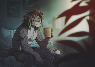 ambiguous_gender anthro bed beverage coffee container cup electronics eyes_closed fluffingeheimen furniture green_hair hair inside leopard_spots male male/male morning mug phone solo spots ango76 felid mammal pantherine snow_leopard hi_res painting_(artwork)