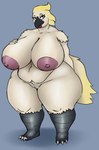 anthro areola beak big_breasts biped black_beak blonde_hair blue_background breasts curvy_figure feathers female genitals hair hand_on_breast huge_breasts nipples non-mammal_breasts non-mammal_nipples nude overweight overweight_anthro overweight_female pink_areola pink_nipples pussy simple_background solo standing thick_thighs voluptuous white_body white_feathers wide_hips elektr0 vdisco femlek_(elektr0) avian bird cacatua cockatoo parrot sulphur-crested_cockatoo artist_collaboration hi_res