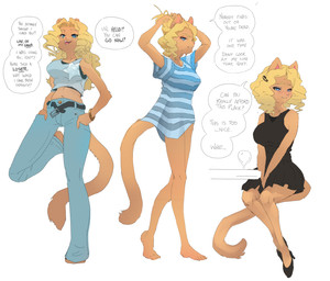 accessory adjusting_hair anthro barefoot belt black_clothing black_dress blonde_hair blue_eyes blush bottomwear breasts clothing dialogue dress feet female hair hair_accessory hairclip pants pattern_clothing pattern_shirt pattern_topwear shirt sitting smile solo striped_clothing striped_shirt striped_topwear stripes tail text topwear corablue cheese_quesadilla felid mammal 2025 english_text hi_res