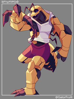 antennae_(anatomy) blue_eyes brown_body clothing male maroon_clothing muscular muscular_male simple_background white_clothing yellow_body gatorfruitt ogden_(entitropy) arthropod hornet hymenopteran insect vespid wasp hi_res