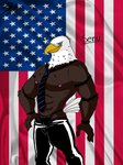 abs american_flag anthro beak biceps blue_eyes bottomwear brown_body brown_feathers canton clothing dark_body dark_skin feather_hair feathers flag flag_background hair leather leather_bottomwear leather_clothing leather_pants male multicolored_body multicolored_feathers muscular muscular_anthro muscular_male necktie nipples pants pecs pink_nipples pseudo_hair smile solo sparkles tail tail_feathers thick_thighs united_states_of_america white_body white_feathers white_hair yellow_beak sybervenn senu_(sybervenn) accipitrid accipitriform avian bald_eagle bird eagle sea_eagle 2020 absurd_res character_name digital_media_(artwork) hi_res portrait signature three-quarter_portrait