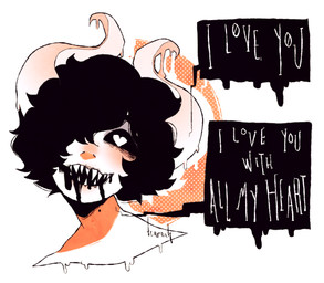 ambiguous_gender black_hair blush dialogue dripping hair heart_eyes heart_symbol i_love_you not_furry open_mouth sharp_teeth smile solo speech_bubble teeth text dreamalgia bailey_lovell avian bird demon demon_humanoid horned_owl humanoid owl true_owl 2015 english_text hi_res