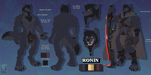 anthro balls beard black_body black_fur bottomwear braided_beard braided_fur braided_hair clothed clothing dark_body dark_fur facial_hair fur genitals grey_body grey_fur hair loincloth male melee_weapon nude partially_clothed paws penis sword tail text weapon yellow_eyes vallhound ronin_(innovator_aegis) canid canine canis mammal wolf english_text hi_res model_sheet