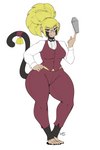 accessory anthro bartender bell black_body black_fur blonde_hair clothing female fur furgonomics hair looking_at_viewer solo tail tail_accessory tail_bell nightfaux haplorhine mammal monkey primate 2022 2:3 absurd_res hi_res