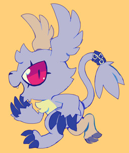 black_claws black_nose chibi claws eye_scar facial_scar fangs fur purple_body purple_fur red_eyes scar simple_background solo tail tail_tuft teeth toe_claws tuft walking yellow_background extyrannomon_(artist) bandai_namco digimon digimon_(species) gazimon mammal hi_res
