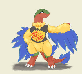 ambiguous_anthro ambiguous_gender anthro barefoot bent_arm biped black_clothing black_shirt black_topwear blue_body blue_eyes blue_feathers bottomless bottomless_ambiguous bottomless_anthro claws closed_smile clothed clothed_ambiguous clothed_anthro clothing digitigrade feathers featureless_crotch feet finger_claws glistening glistening_eyes green_body head_turned humor iris mouth_closed number_on_clothing number_on_shirt number_on_topwear pupils red_body red_tail red_text shadow shirt simple_background smile solo standing tail tail_feathers tan_background text text_on_clothing text_on_shirt text_on_topwear toe_claws topwear white_sclera winged_arms wings yellow_body yellow_feathers 4chan_anon unknown_artist nintendo pokemon archeops fossil_pokemon generation_5_pokemon pokemon_(species) 2026 absurd_res digital_drawing_(artwork) digital_media_(artwork) english_text full-length_portrait hi_res portrait shaded