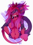 anthro breasts eyebrows fangs featureless_breasts female fur hair horn multi_ear multi_horn nude purple_nose raised_eyebrow red_body red_fur red_hair smile solo teeth chesta pyruvic canid canine demon fox mammal 2021 digital_media_(artwork)