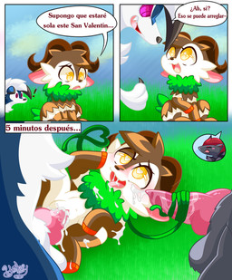 animal_genitalia animal_penis balls bodily_fluids brown_body brown_fur canine_genitalia canine_penis chibi claws cum cum_covered cum_in_mouth cum_in_vagina cum_inside cum_on_chest cum_on_face cum_on_leg cum_string cum_while_penetrated disappointed ejaculation exclamation_point female feral fur gangbang genital_fluids genitals grass group group_sex happy heart_eyes heart_symbol holidays hooves horn knot looking_down looking_pleasured looking_up male male/female messy orgasm orgasm_face panel_skew penetration penis plant questionable_consent red_eyes sad sex size_difference smaller_female text trio vaginal vaginal_penetration vine_whip vinejob vulva white_body white_fur yellow_eyes young young_feral yeibyuwu nintendo pokemon valentine's_day fan_character yeiby_(character) bovid canid canine canis caprine generation_5_pokemon generation_6_pokemon generation_7_pokemon lycanroc mammal pokemon_(species) skiddo zoroark absurd_res hi_res spanish_text translated
