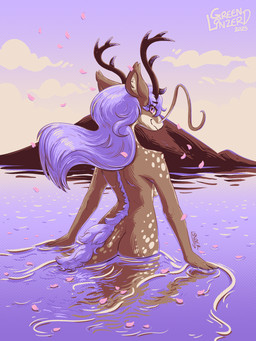 anthro antlers barbel_(anatomy) breasts brown_body brown_fur butt cherry_blossom cloud cloudy_sky countershading female flower fur hair horn inner_ear_fluff lake long_hair looking_at_viewer looking_back markings mountain nude outdoor_nudity outside partially_submerged plant prunus_(flower) purple_eyes purple_hair reflection side_boob sky smile solo spots spotted_markings standing_in_water tuft water conditional_dnp greenlinzerd mythology alina_(spe) cervine deer dragon kirin mammal mythological_creature mythological_scalie scalie 2025 hi_res purple_theme restricted_palette signature