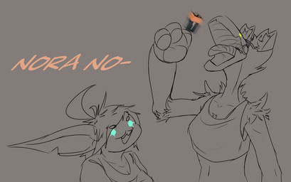 ._. anthro battery breasts clothing crop_top duo eating female fluffy freckles inner_ear_fluff machine offscreen_character pawpads paws pointy_ears prosthetic prosthetic_limb robotic_arm shirt shortstack text topwear tuft heyimflame chloye_(heyimflame) conn_(heyimflame) nora_(heyimflame) goblin protogen sketch