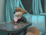 anthro bendy_straw beverage biped bottomwear claws clothed clothing container cup drinking drinking_straw fur furniture lonely looking_down male milkshake pants restaurant shirt sitting solo table topwear fluffydonuts lonewolfhowling spencer_(lonewolfhowling) canid canine canis mammal wolf