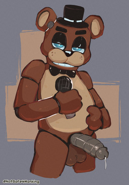 anthro balls blue_eyes bodily_fluids bow_tie clothing cum electronics erection genital_fluids genitals glans hat headgear headwear leaking_cum machine male microphone penis simple_background solo top_hat notsafeforwanking five_nights_at_freddy's scottgames freddy_(fnaf) animatronic bear mammal robot hi_res