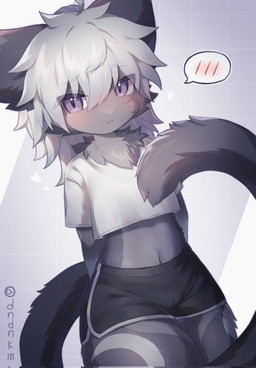 adolescent anthro blush bottomwear clothed clothed_anthro clothed_male clothing crop_top dolphin_shorts femboy fluffy fur grey_body grey_fur grey_hair hair hands_behind_back kemono looking_at_viewer male male_anthro midriff navel neck_tuft purple_eyes shirt shorts solo tail topwear tuft young young_anthro young_male dndnkm crescen_(crescencat) domestic_cat felid feline felis mammal 2025 digital_media_(artwork) hi_res portrait three-quarter_portrait